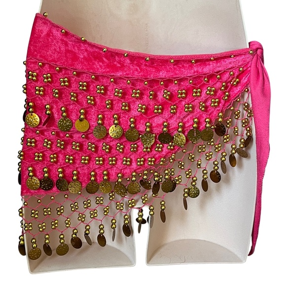 Vintage Velvet Belly Dance Hip Scarf Pink with Gold Coins - Picture 2 of 9